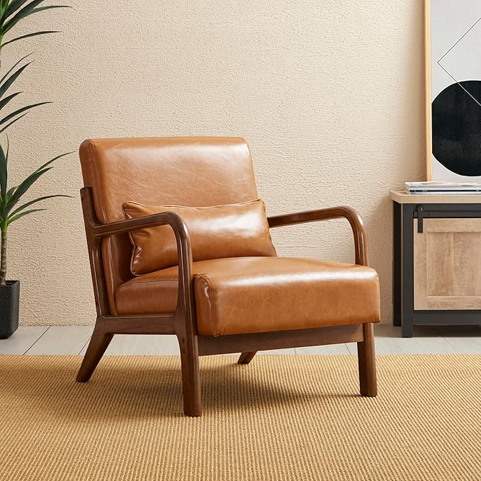 Glitzhome 30" H Mid Century Yellowish Brown Accent Armchair, Single Reading Sofa, PU Leather Lounge Chair with Walnut Ruberwood Frame for Livingroom or Office