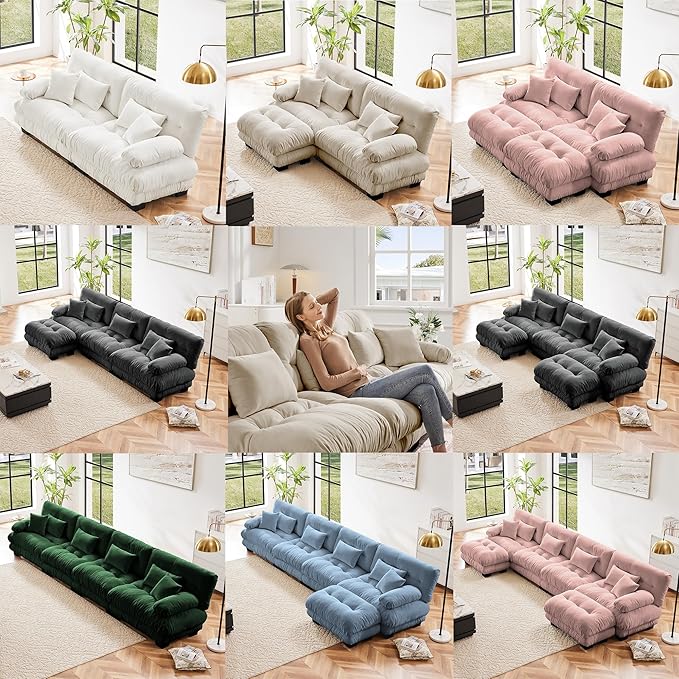 Modular Sectional Sofa, Comfy Cloud Couch 4 Seater Couch, Sectional Couches for Living Room, Modern Chenille Oversized Couches for Bedroom, Sleeper Deep Seat Sofa with Throw Pillows, Blue