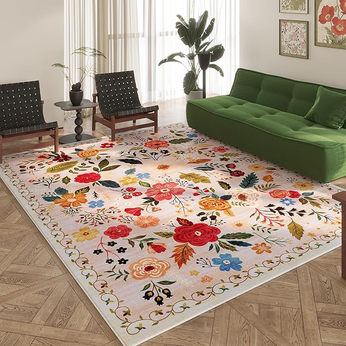 Area Rugs 9x12 Living Room Clearance Washable Boho Rug Non Slip Floral Vintage Low Pile Large Rug for Living Room, Bedroom, Farmhouse, Dining Room, Kids Playroom(Beige)
