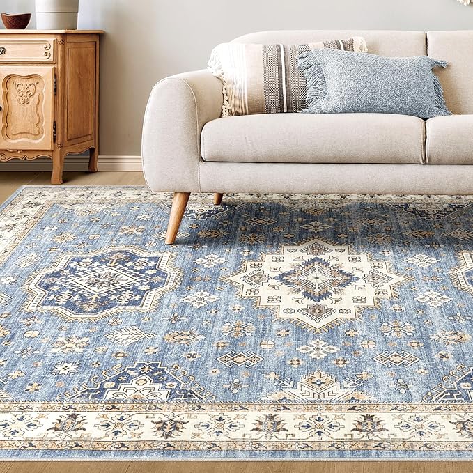 Washable Area Rugs for Living Room - 5x7 Neutral Vintage Distressed Floral Farmhouse Boho Large Soft Floor Rug Indoor Non Slip Carpet for Living Room Bedroom Dining Room Office - Blue