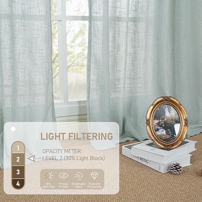 LAMIT Blue Linen Curtains 84 Inch Length for Living Room, Semi Sheer Light Filtering Drapes Bronze Grommet Boho Burlap Panels for Bedroom/Farmhouse, 2 Panels, 34 x 84 Inch, Greyish Blue