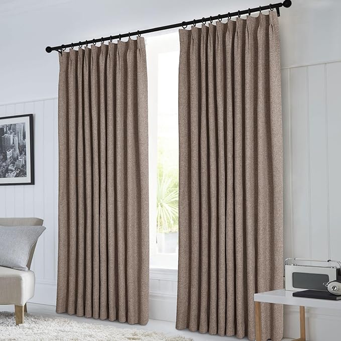 Macochico 120”Wx102”L 100% Blackout Linen Curtains Pinch Pleated Thermal Panels for Sliding Door Bedroom Living Room Farmhouse Shabby Chic Light Brown Burlap Curtains with Tieback 1 Panel