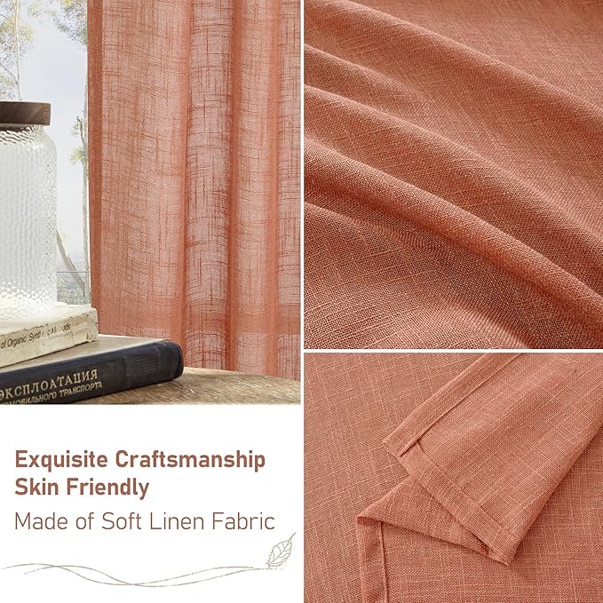 LAMIT Natural Linen Semi Sheer Curtains 48 Inch for Short Windows, Light Filtering Curtains Farmhouse Boho Bronze Grommet Drapes for Kitchen/Loft Room, 2 Panels (34 x 48 Inch, Terracotta)