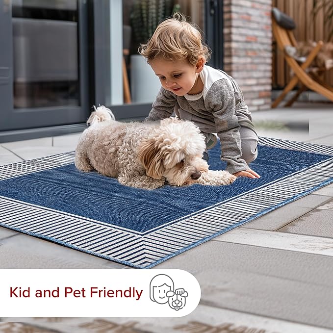nuLOOM 2' x 3' Outdoor Area Rug, Casual Design With Striped Border, Stain Resistant, Highly Durable, For Patio, Balcony, Bedroom, Living Room, Dining Room, Bathroom, Navy