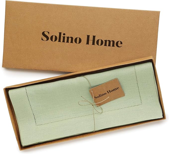 Solino Home Linen Table Runner 48 Inches - 100% Pure Linen Sage Green Hemstitch Table Runner 14 x 48 Inch Ideal for Dresser and Coffee Tables - Fall, Autumn, Thanksgiving - Classic Hemstitch