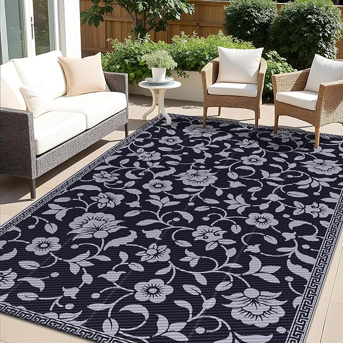 OLANLY Waterproof Outdoor Rug 5x8 ft, Outdoor Plastic Straw Rug with Flower Pattern, Reversible RV Mat for Patio, Camping, Balcony, Deck, Backyard, Black & Grey