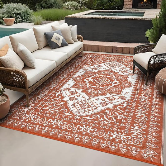 GAOMON Outdoor Rugs for Patio 8x10 Waterproof Reversible Plastic Straw Rug, Large UV-Resistant Portable RV Camping Mats, Indoor Outdoor Medallion Carpet for Outside Deck Porch Garden, Red & White