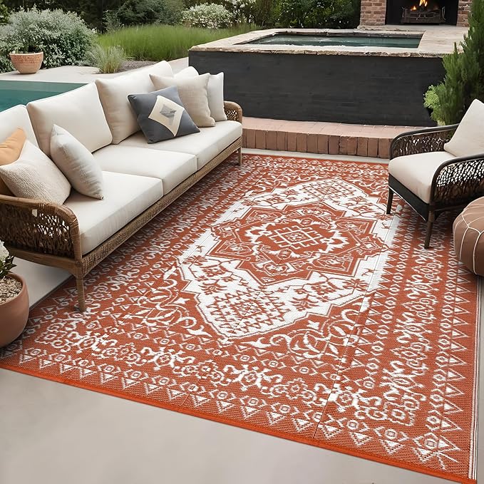 GAOMON Large Outdoor Plastic Straw Rug 10x14 Waterproof Patio Rug Reversible Foldable Portale Camping Mat with Stakes & Bag, Vintage Boho Outside Carpet for RV Garden Deck Porch, Orange Red