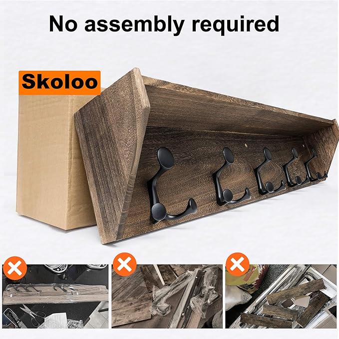 SKOLOO Wall Shelf with Hooks, 35-Inch Weathered Brown Coat Rack Wall Mount with Shelf Organizer - Lightweight & Sturdy, 5 Tri Hooks - Perfect for Entryway, Hallway, Living Room, Bedroom, Mudroom