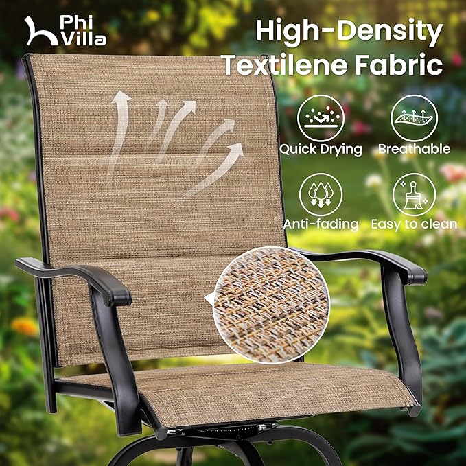 PHI VILLA 3 Piece Outdoor Bar Set, Bar Height Patio Table and Chairs with Brown Padded Textilene Fabric & Rustproof Metal Frame for Backyard, Balcony, Garden & Poolside