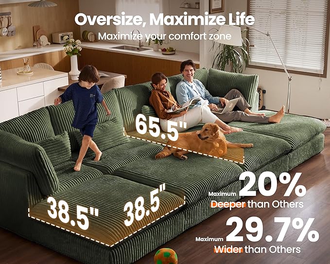 Oversized Modular Sofa, Extra Deep Cloud Corduroy Sectional Couch with Ottoman Chaise, Fluffy Corduroy 4 Seater Couch Bed for Living Room, Villa (Sofa Bed 4 Seater, Corduroy Green)