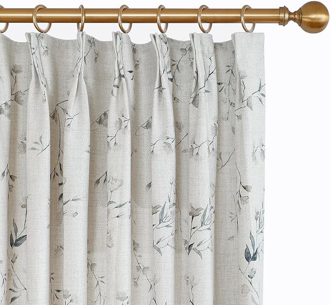 Pinch Pleated Floral Linen Curtains, 60 Inch Wide by 100 Inch Long Printed Curtains for Privacy Light Filtering, Suitable for Living Rooms and Sunrooms.2 Panels