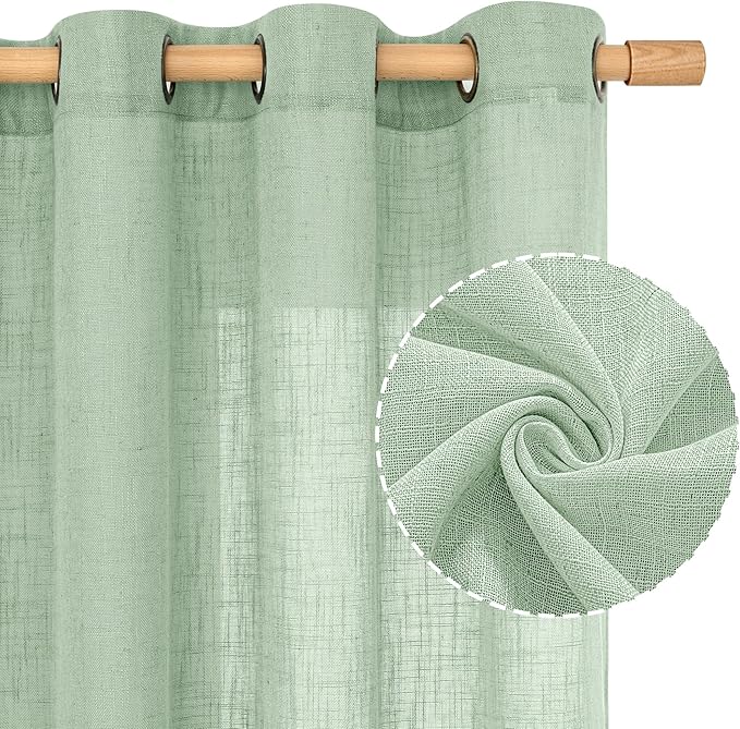 LAMIT Linen Curtains 90 Inch Length for Living Room 2 Panels, Fresh Green Bronze Grommet Light Filtering Semi Sheer Linen Window Drapes Farmhouse Boho Decor Curtains for Bedroom, 52 x 90 Inch