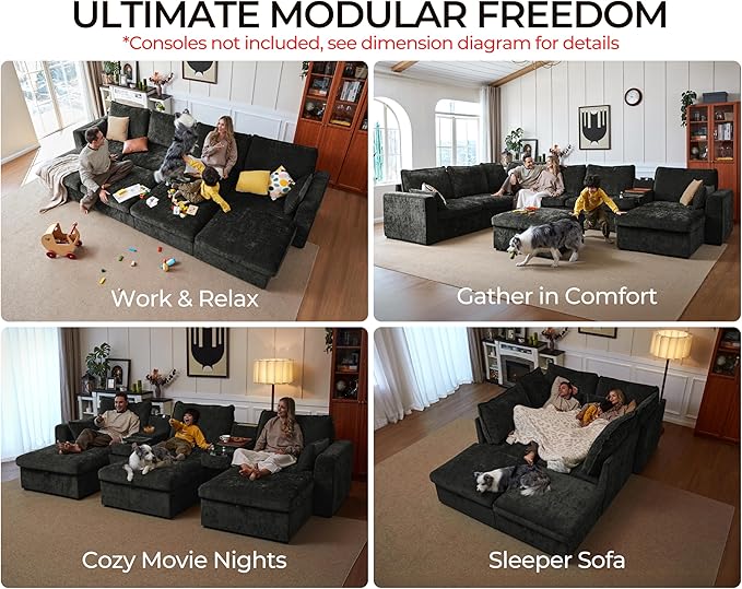 Oversized Modular Sofa Comfy Cloud Couch with Storage, Extra Deep Plush Sectional Sofa Set for Living Room, Covers Washable, Chenille, Olar (Black, 6-Seater with 2 Ottomans, u-Shaped)