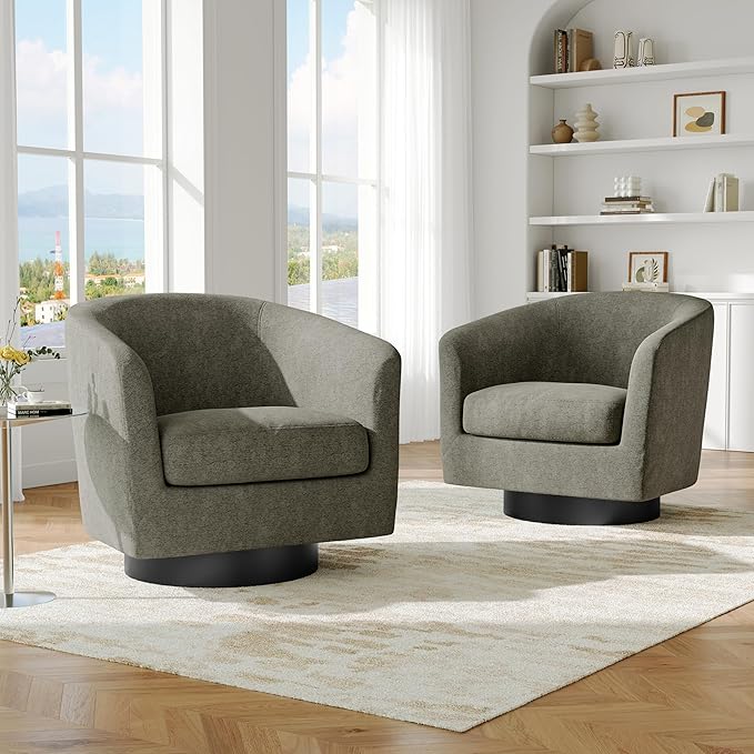 Swivel Barrel Accent Chair, Modern Round Chenille Fabric Arm Chair for Living Room, Bedroom, Comfy Club Reading Chairs for Adults（Chenille Fabric, Tan, Set of 2