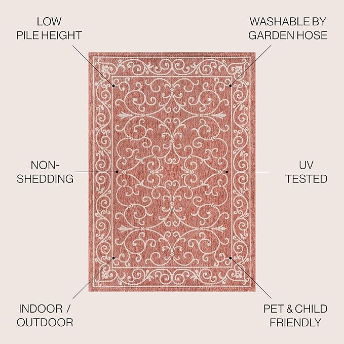 JONATHAN Y Vintage Filigree Indoor Outdoor Square Area Rug 4X4 Red/Beige, Charleston Textured Weave for Backyard, Patio, Porch, Easy-Cleaning, High Traffic, Pet-Friendly, Non-Shedding (SMB106B-4SQ)
