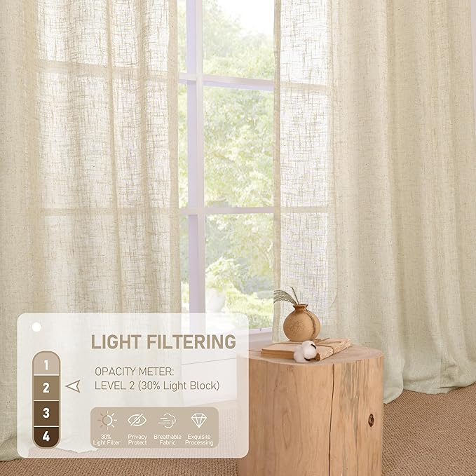 LAMIT Linen Curtains 45 Inch Length 2 Panels Set for Bedroom, Light Filtering Semi Sheer Neutral Short Decorative Window Drapes with Bronze Grommet for Kitchen, 52 X 45 Inch, Linen