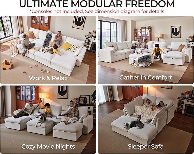 Oversized Modular Sofa Comfy Cloud Couch with Storage, Extra Deep Plush Sectional Sofa Set for Living Room, Covers Washable, Chenille, Olar (White, 4-Seater with Ottoman, l-Shaped)