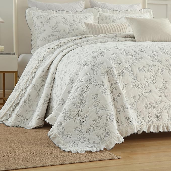 MarCielo 3-Piece 100% Cotton Bedspread Lightweight Quilt Coverlet Embroidery Farmhouse Bedding Set (Floral,Queen (98" X 90"))