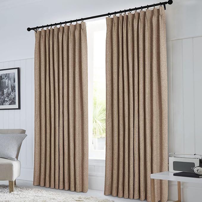 Macochico Extra Wide 100% Blackout Linen Curtains for Sliding Door Pleated Curtains with Hooks Insulated Soft Linen Drapes for Bedroom Living Room with Tieback Taupe 100”Wx84”L 1 Panel