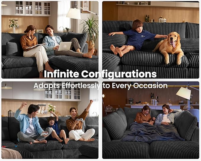 Oversized Modular Sofa, Extra Deep Cloud Corduroy Sectional Couch with Ottoman Chaise, Fluffy Corduroy 5 Seater Sofa Bed for Living Room, Villa (L Shape 5 Seater, Corduroy Black)