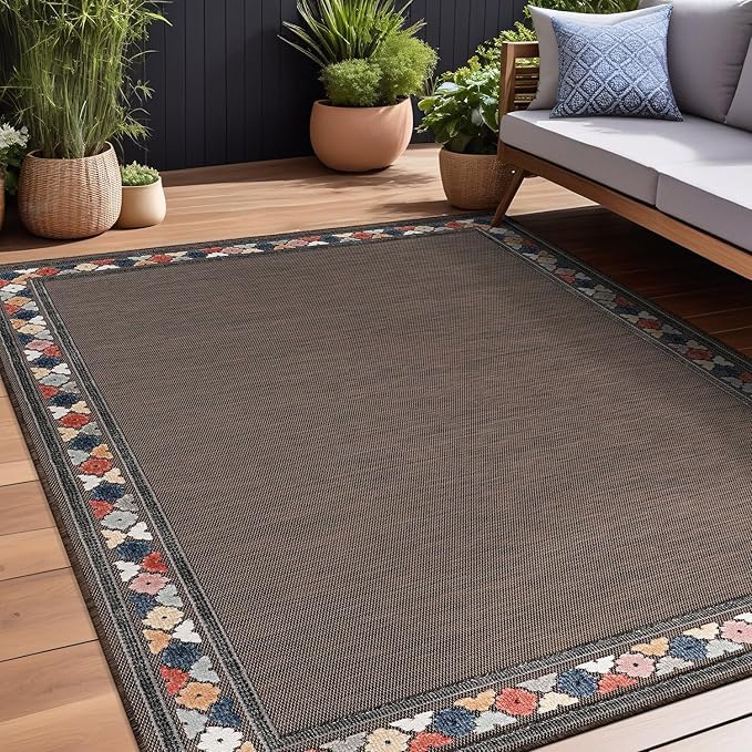Beverly Rug Outdoor Rug 6x9 Modern Bordered Area Rugs for Indoor and Outdoor Patio Easy to Clean Non Shedding Living Room Porch Garden Washable Outside Carpet (6 x 9 Brown)