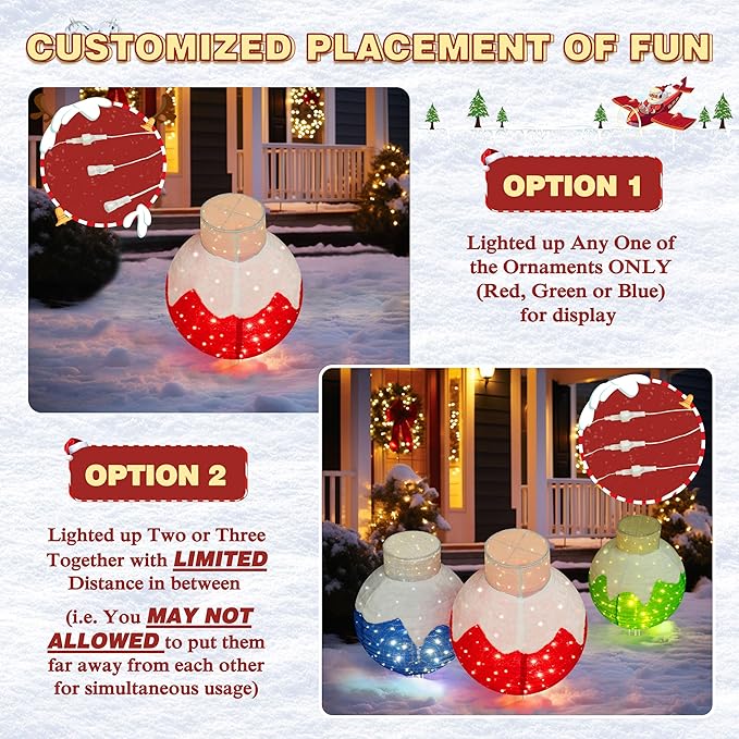 36 Inch Pop-Up Christmas Ball with 90 LED Lights for Outdoor Xmas Decor, 3-Piece Pre-Lit Iridescent Christmas Ball Ornaments Decor with Base, Outdoor 3D Glittered Standing Holiday Display