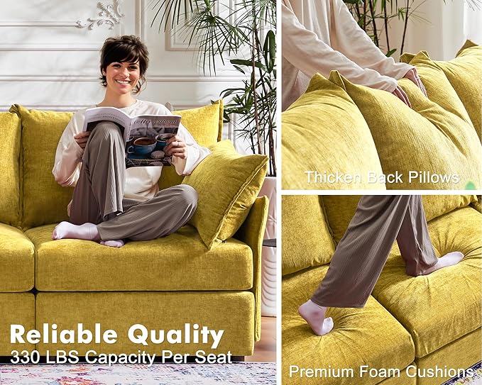 135.5" Oversized Modular Sectional Sofa, L Shaped Convertible Couch with Movable Ottoman, Large 6 Seat Corner Couches for Living Room Deep Seat Yellow Chenille