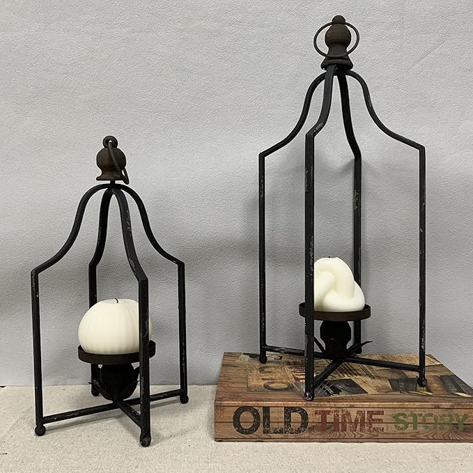 Large Tall Shabby Chic Lanterns Decorative Indoor Outdoor, Outside Gifts Front Porch Patio Vintage Metal Candle Holders, Fireplace Table Floor Farmhouse Rustic Decor Set of 2
