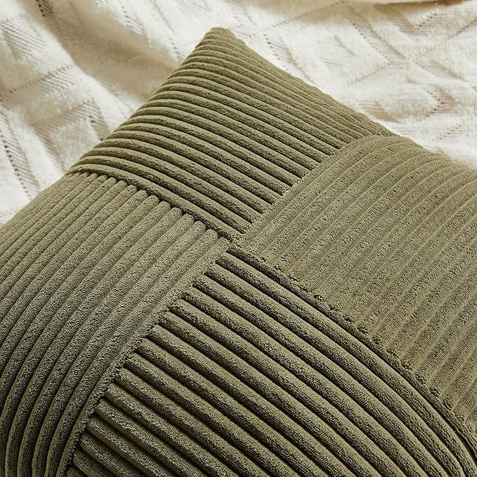 Fancy Homi 2 Packs Olive Green Samll Decorative Throw Pillow Covers 14x14 Inch with for Couch Bed Sofa, Rustic Farmhouse Boho Home Decor, Soft Corss Patchwork Corduroy Square Cushion Case 35x35 cm