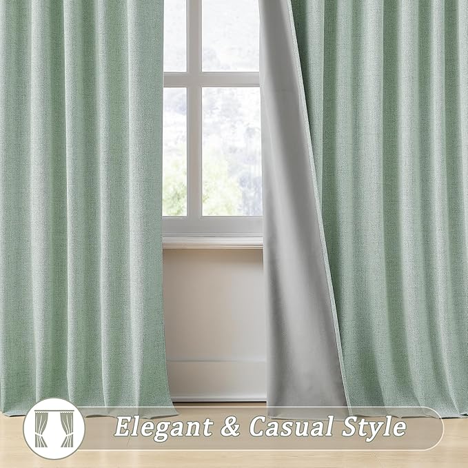 RAIN CITY Light Green Linen Blackout Curtains 90 Inch Long for Living Room,2 Panels Pinch Pleated Drape with Hooks Back Tab Boho Decor, Textured Full Black Out Curtains for Bedroom 50 x 90