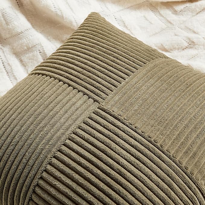 Fancy Homi 2 Packs Olive Green Big Decorative Throw Pillow Covers 24x24 Inch for Living Room Couch Bed, Rustic Farmhouse Boho Home Decor, Soft Corss Corduroy Patchwork Accent Cushion Case 60x60 cm