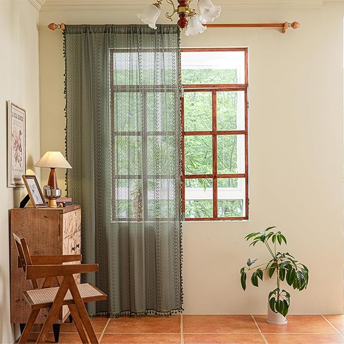 Sutuo Home Olive Green Boho Curtains 90 inches, Crochet Lace Sheer Bohemian Hollow Knitted Handmade Tassels, Privacy Vintage Farmhouse for Bedroom Living Room Easter Decor, 1 Panel 59" W x 90" L