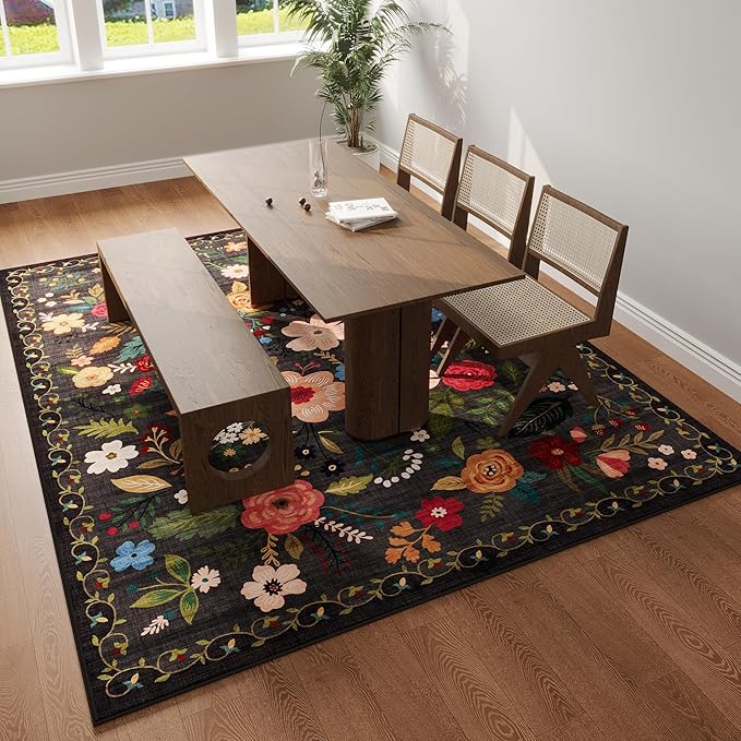 Area Rugs 8x10 Rug for Living Room Clearance Washable Boho Area Rug Non Slip Floral Vintage Low Pile Large Rug for Living Room, Bedroom, Farmhouse, Dining Room, Kids Playroom(Black)
