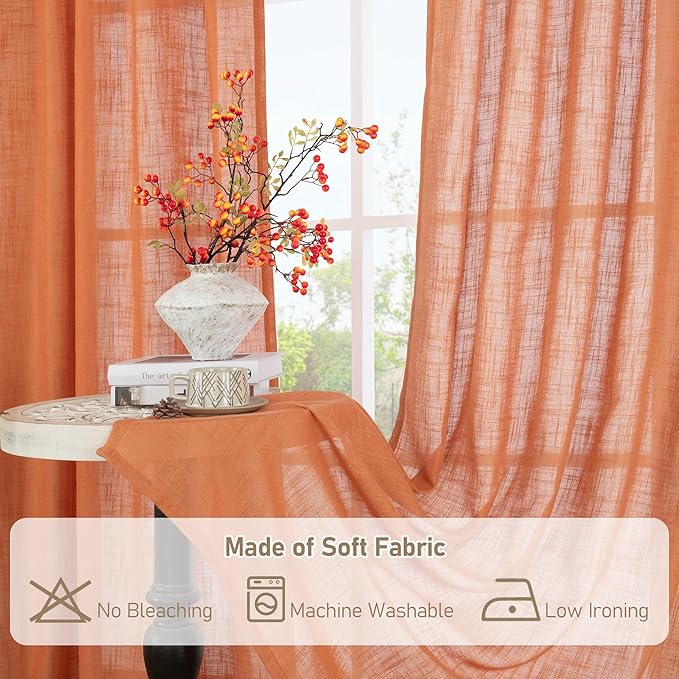 LAMIT Burnt Orange Linen Curtains for Living Room, 90 Inches Long Light Filtering Semi Sheer Panels Neutral Boho Farmhouse Drapes with Bronze Grommet for Living Room, 2 Panels, 52 x 90 Inch
