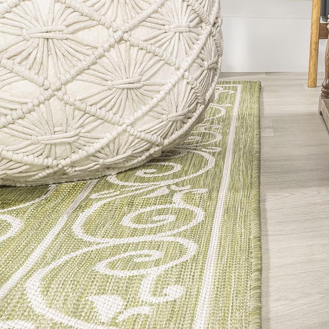 JONATHAN Y Vintage Filigree Indoor Outdoor Runner Rug 2X10 Green/Cream, Charleston Textured Weave for Backyard, Patio, Porch, Easy-Cleaning, High Traffic, Pet-Friendly, Non-Shedding (SMB106H-210)