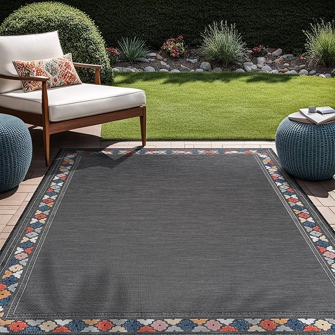 Beverly Rug Outdoor Rug 6x9 Modern Bordered Area Rugs for Indoor and Outdoor Patio Easy to Clean Non Shedding Living Room Porch Garden Washable Outside Carpet (6 x 9 Dark Gray)