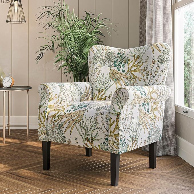 BELLEZE Modern Accent Chair for Living Room, High Back Linen Armchair with Wooden Legs, Upholstered Wingback Side Chair Padded Armrest Single Sofa for Living Room, Bedroom - Allston (Green Coral)