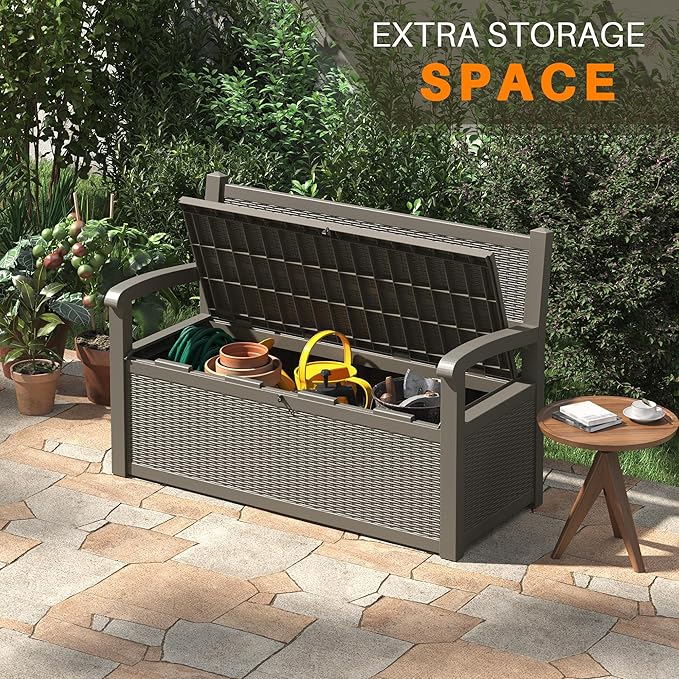 70 Gallon Outdoor Storage Box, Resin Patio Furniture with Armrest, Lockable Deck Box with Waterproof and UV Resistant for Patio Cushions, Garden Tools and Pool Supplies, Grey