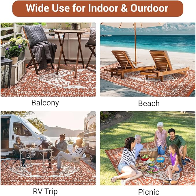 GAOMON Outdoor Rug for Patio 9x18 Waterproof Reversible Plastic Straw Rug, Large UV-Resistant Portable RV Camping Mats, Indoor Outdoor Medallion Carpet for Outside Deck Porch Garden, Red & White