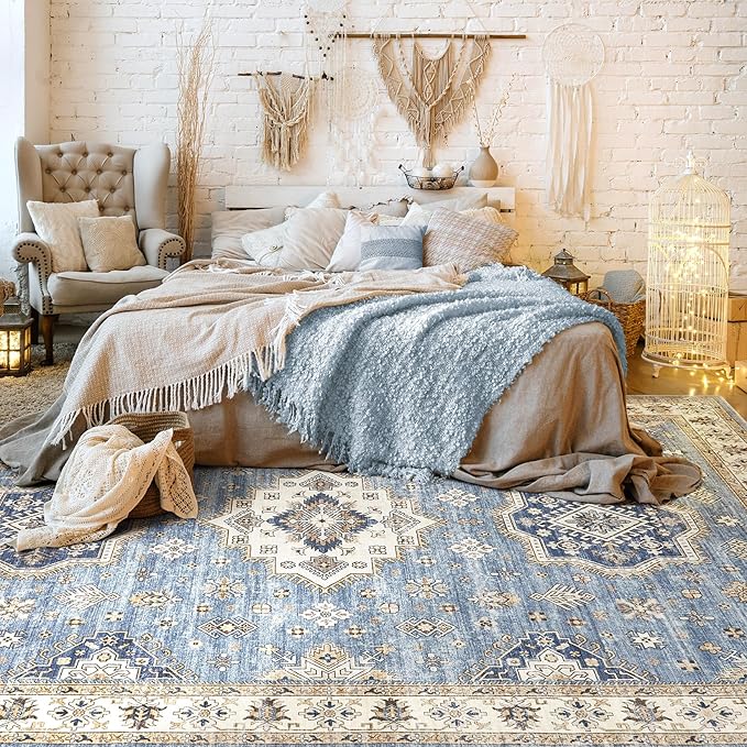 Washable Area Rugs for Living Room -8x10 Neutral Vintage Distressed Floral Farmhouse Boho Large Soft Floor Rug Indoor Non Slip Carpet for Living Room Bedroom Dining Room Office - Blue