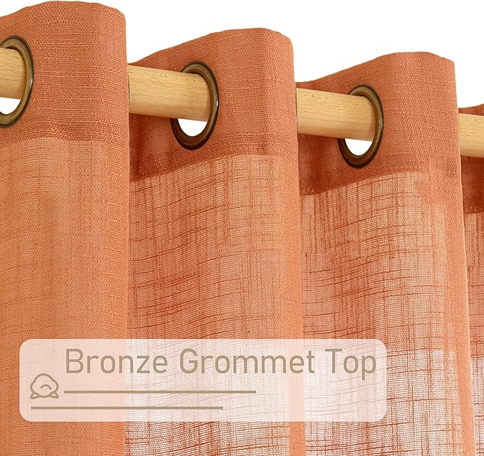 LAMIT Burnt Orange Linen Curtains 40 Inches Long for Windows, Bronze Grommet Semi Sheer Privacy Panels Light Filtering Boho Farmhouse Neutral Drapes for Bedroom/Living Room, 34 x 40 Inch, 2 Panels
