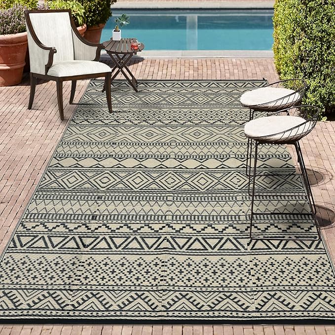 GAOMON Outdoor Rugs Patio Camping Waterproof Rug 6'x9' Plastic Straw Patio Rug Portable for Campers, Outside RVs Mat for Patios Clearance, Backyard Porch, Balcony, Black/Coffee(Bohemia)