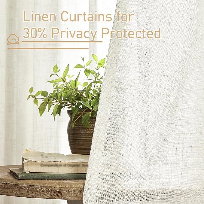 LAMIT Linen Curtains 108 Inches Long for Living Room, Bronze Grommet Linen Textured Sheer Curtains Light Filtering Panels for Boho Farmhouse, 2 Panels, 52 x 108 Inch, Cream