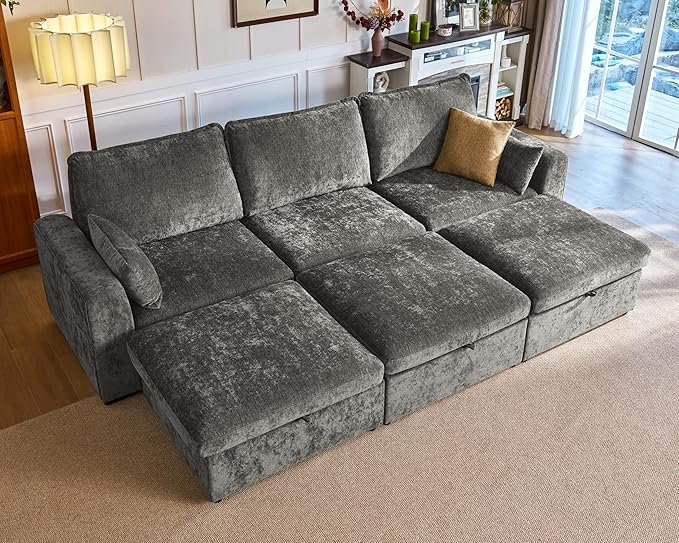 Oversized Modular Sofa Comfy Cloud Couch with Storage, Extra Deep Plush Sectional Sofa Set for Living Room, Covers Washable, Chenille, Olar (Grey, 6-Seater with 3 Ottomans, Sleeper)
