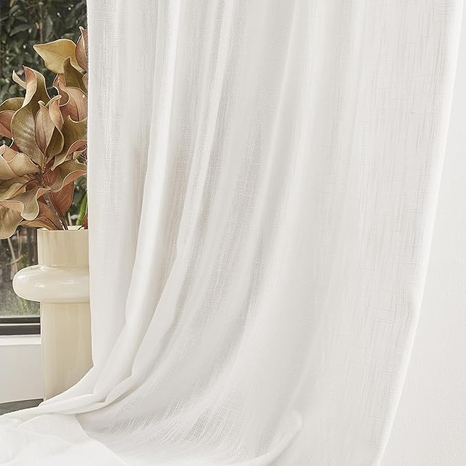 MYSKY HOME Natural Linen White Curtains 84 Inches Long, Semi Sheer Soft Cotton Window Drapes Set for Living Room Back Tab Elegant Cute Look Country Bedroom Curtains, 50" x 84", Beige, Pack-2