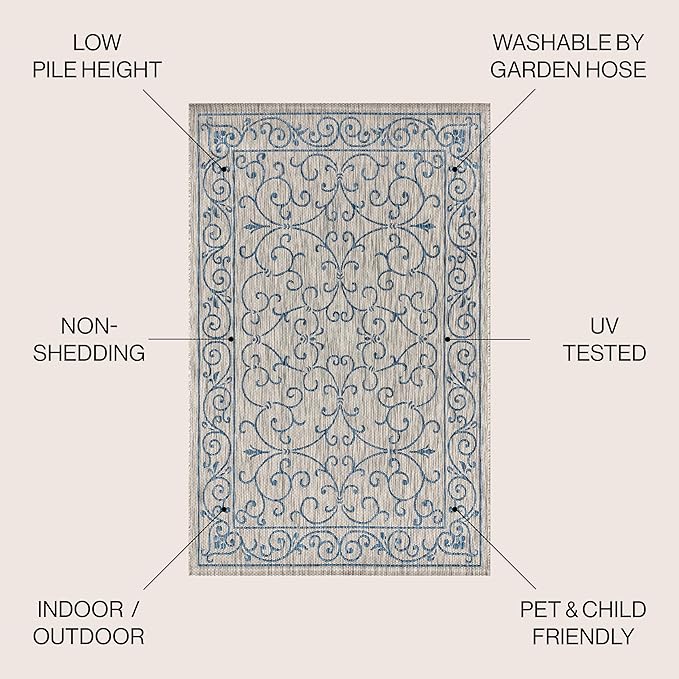 JONATHAN Y Vintage Filigree Indoor Outdoor Area Rug 4X6 Gray/Navy, Charleston Textured Weave for Backyard, Patio, Porch, Easy-Cleaning, High Traffic, Pet-Friendly, Non-Shedding (SMB106C-4)