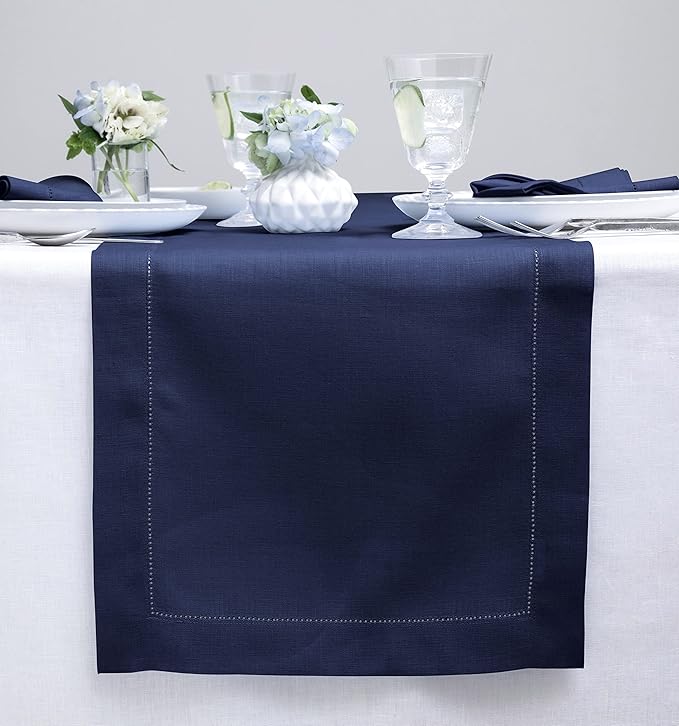 Solino Home Linen Navy Table Runner 72 Inches Long - 100% Pure Linen Hemstitch Table Runner 14 x 72 Inch for Dresser, Dining, Fall, Autumn, Halloween, Thanksgiving - Classic Hemstitch