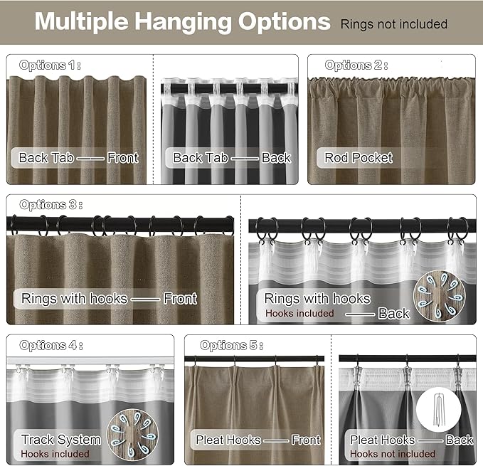RAIN CITY Linen Brown Blackout Curtains 2 Panels Set,Back Tab Pleated Curtains Hidden Tab with Hooks,Energy Efficinet Linen Polyester Blend Drapes for Bedroom Modern Classic W50xL63 Linen Brown