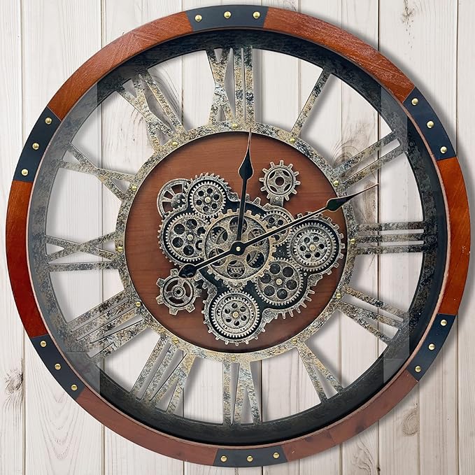 DORBOKER 24" Original Moving Gears Wall Clock, Large Industrial Wall Clock for Living Room Decor,Oversized Wood Vintage Farmhouse Steampunk Rustic Clocks for Wall Decor,Black Walnut